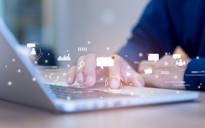 close up on man hand holding smartphone with futuristic of social media marketing icon for internet network technology and business concept