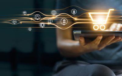 Online shopping and payment, Man using tablet with shopping cart icon, Digital marketing, Banking and finance on dark blue background.