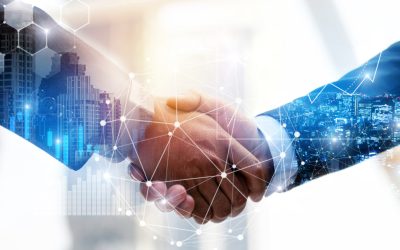 Business Partnership. business man investor handshake with effect global network link connection and graph chart of stock market graphic diagram, digital technology, internet and partnership concept