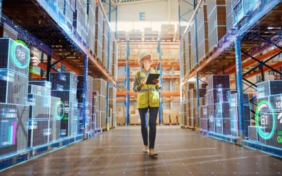 Futuristic Technology Retail Warehouse: Worker Doing Inventory Walks when Digitalization Process Analyzes Goods, Cardboard Boxes, Products with Delivery Infographics in Logistics, Distribution Center