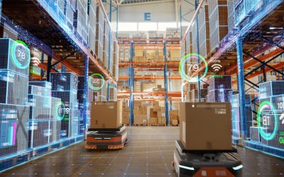 Future Technology 3D Concept: Automated Retail Warehouse AGV Robots with Infographics Delivering Cardboard Boxes in Distribution Logistics Center. Automated Guided Vehicles Goods, Products, Packages