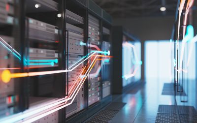Modern dark data center, focus on the foreground, 3D render
