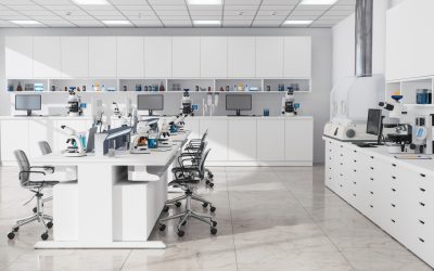 Modern Empty Science Laboratory With Computers, Microscopes, Test Tubes And Other Laboratory Equipments