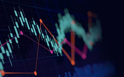 Abstract financial graph with up trend line candlestick chart in stock market on neon light colour background