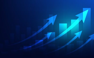 bar chart with uptrend arrow show  growth of business performance and profit of investment on blue background