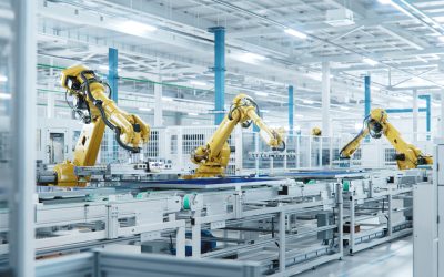 Large Production Line with Industrial Robot Arms at Modern Bright Factory. Solar Panels are being Assembled on Conveyor. Automated Manufacturing Facility