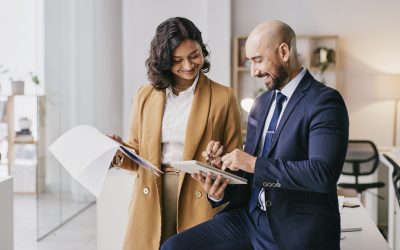 Office, tablet or happy business people collaboration on brand advertising, sales forecast or online data analysis. App research conversation, talking or teamwork review of customer experience survey