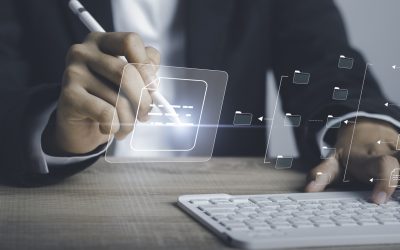 Document Management System (DMS) concept. Businessman using e-pen create documents file with computer show virtual screen. Data transfer backup, File Sharing, Document Transferring concept.