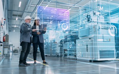 Factory Digitalization: Two Industrial Engineers Use Tablet Computer, AI Big Data Analysis. Visualization of High-Tech Facility into 3D Rendered Neural Network. Industry 4.0 Machinery Manufacturing