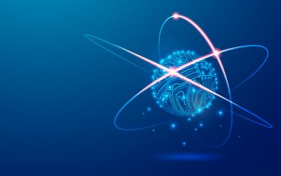 concept of futuristic science tech, graphic of atom structure combined with eletronic pattern