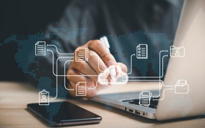 A businessman protects business performance and navigates the metaverse world map using a cloud icon. Explore the power of digital online platforms with a digital pen.
