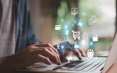 Business or entrepreneur using computer for E-commerce or online shopping business with SEO and customer data management with global online sale platform.