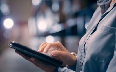 Tablet, manager hands and warehouse person typing inventory data, storage assessment or industrial distribution info. Engineer, factory plant or closeup worker check shipping order, backlog or export