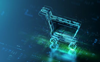 Digital cart icon hologram on future tech background. Online shopping evolution. Futuristic shopping cart icon in world of technological progress and innovation. CGI 3D render