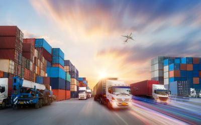 Industrial Container Cargo freight ship, forklift handling container box loading for logistic import export and transport industry concept