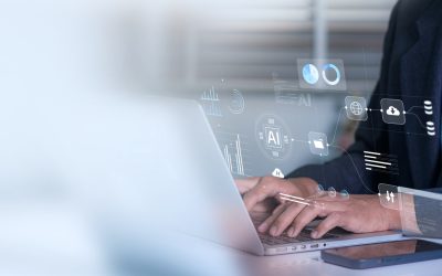 Businessman employing artificial intelligence (AI) for data management to business analytics using charts, metrics, and KPIs to improve organisationals performance, marketing organisation planning.