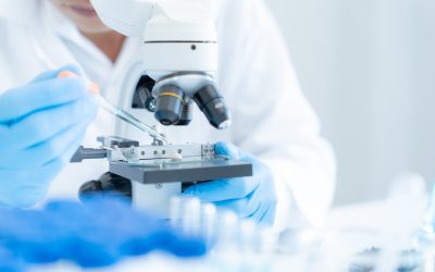 Scientist analyze biochemical samples in advanced scientific laboratory. Medical professional use microscope look microbiological developmental of viral. Biotechnology research in science lab.