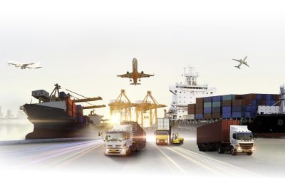 Global business logistics import export of containers cargo freight ship loading at port by crane, container transport, cargo plane, truck to port background