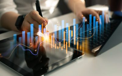 Growing virtual hologram of statistics, graph and chart. Investment of growth on currency rate.Digital marketing concept