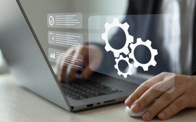 Automated industrial technology with digital transformation.Engineer setting up automated software.Business process optimisation.Robotic process automation or RPA