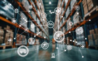 A network of logistics and supply chain icons superimposed over a blurred warehouse, illustrating interconnected systems, transportation, and global distribution.