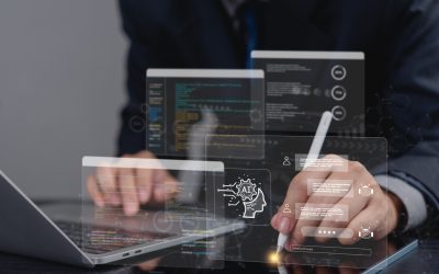 businessman uses AI intelligence and data analytics for cybersecurity and machine learning, programming, and software development. Futuristic innovation technology and digital transformation concept.