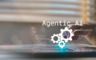 Agentic AI technology concept with coding and digital gears. Artificial intelligence automation, machine learning, and futuristic innovation for business solutions.