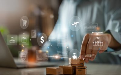 Smart logistics and procurement system with supply chain automation, Businessman using laptop with small packages and modern logistics, procurement, shipping and supply chain management.