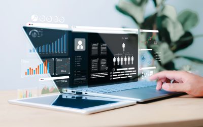 Marketer using digital marketing dashboard with charts, pie graphs, organization chart, and performance data. Concept of business analytics and strategic planning.