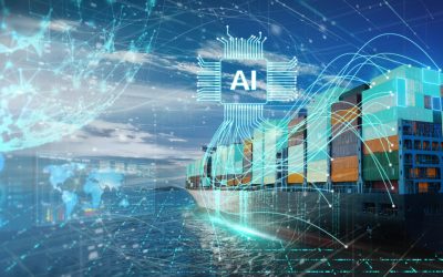onceptual cargo ship with AI technology and big data analytics. Digital neural network and circuit overlays represent smart maritime logistics and global supply chain management